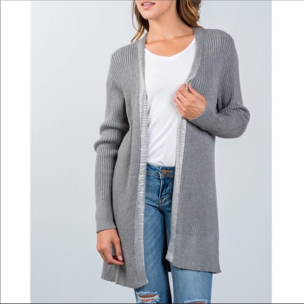 Silver metallic and gray cardigan.